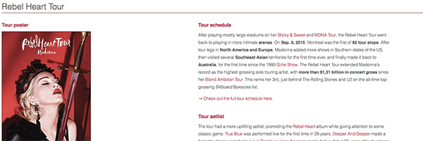 Tour page for Rebel Heart Tour
