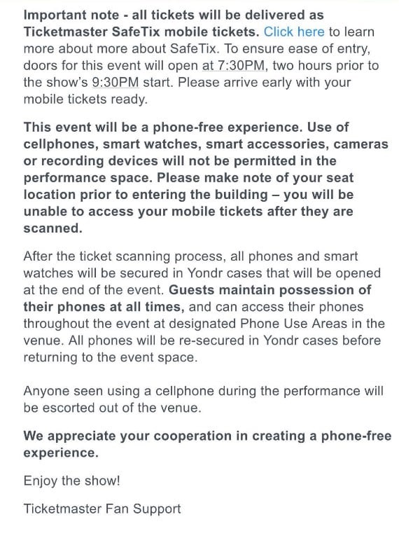 Ticketmaster send an e-mail to ticket holders explaining the phone-free experience