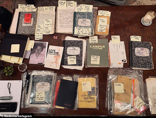 Research: Madonna shared pictures of rows and rows of handwritten journals from her archive as well as two books by the late Pulitzer Prize-winning poet Anne Sexton