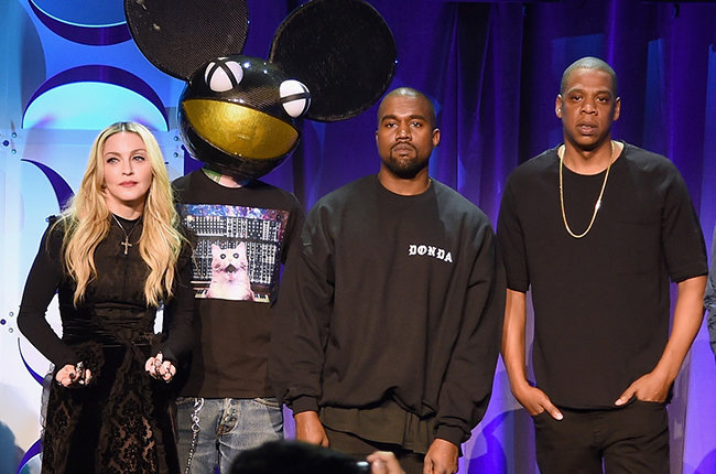 Madonna, Deadmau5, Kanye West and Jay Z onstage at the Tidal launch event 
