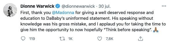 Dionne Warwick prasied Madonna's reaction to DaBaby's homophobic remarks