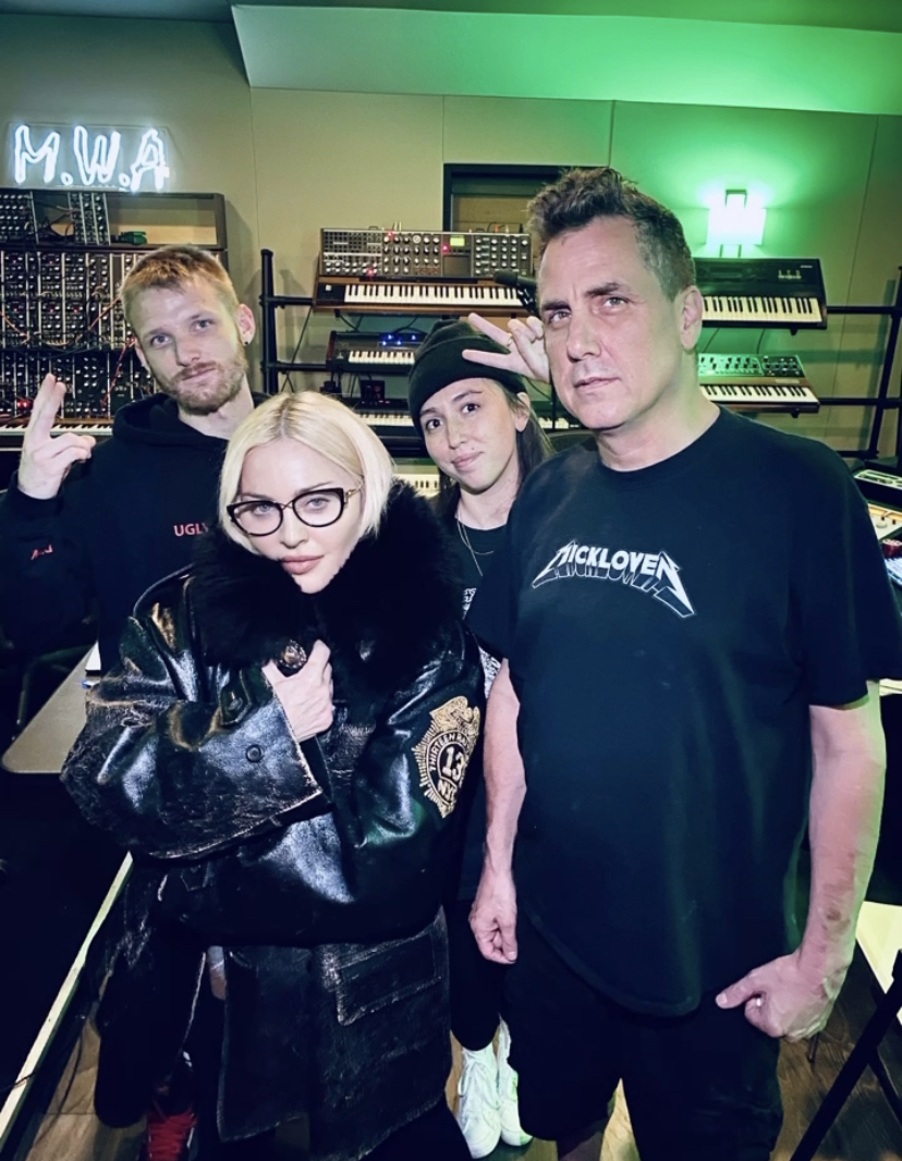 Madonna in the studio with Sean Solymar, Lauren Delia and Mike Dean
